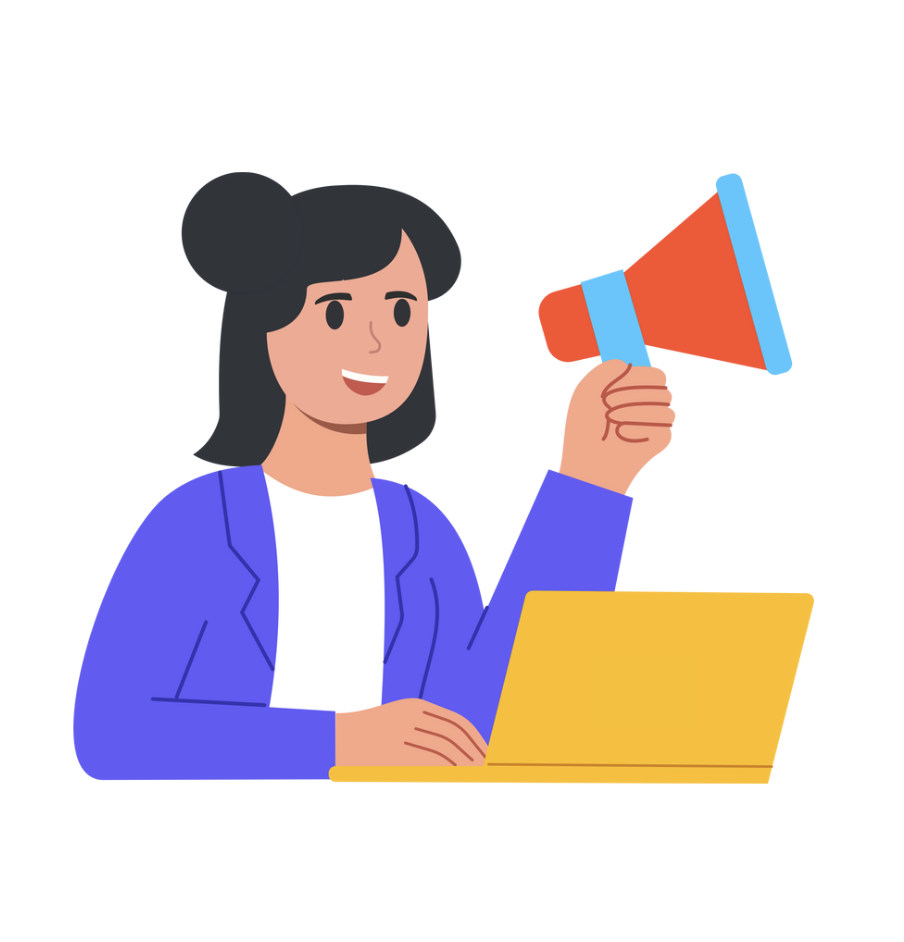 Ilustracja przedstawiająca kobietę siedzącą przy laptopie i trzymającą w ręce megafon, symbolizujący ogłoszenie lub komunikat.