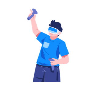 Ilustracja przedstawiająca mężczyznę w niebieskiej koszulce, korzystającego z gogli wirtualnej rzeczywistości (VR) i trzymającego kontrolery w obu dłoniach, z jedną ręką uniesioną do góry, jak podczas interakcji w grze.